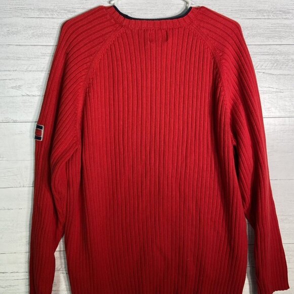 Vintage Y2K Tommy Hilfiger Red Sweater Ribbed Arms Back Flag Logo - Picture 3 of 5